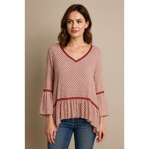 Riley + James Red White Ditsy Floral Peplum Bell Sleeve Peasant Popover Tunic Md